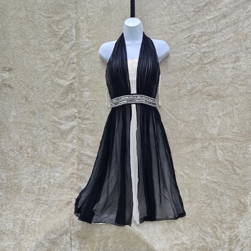Luxe Black and Cream Halter Midi Dress